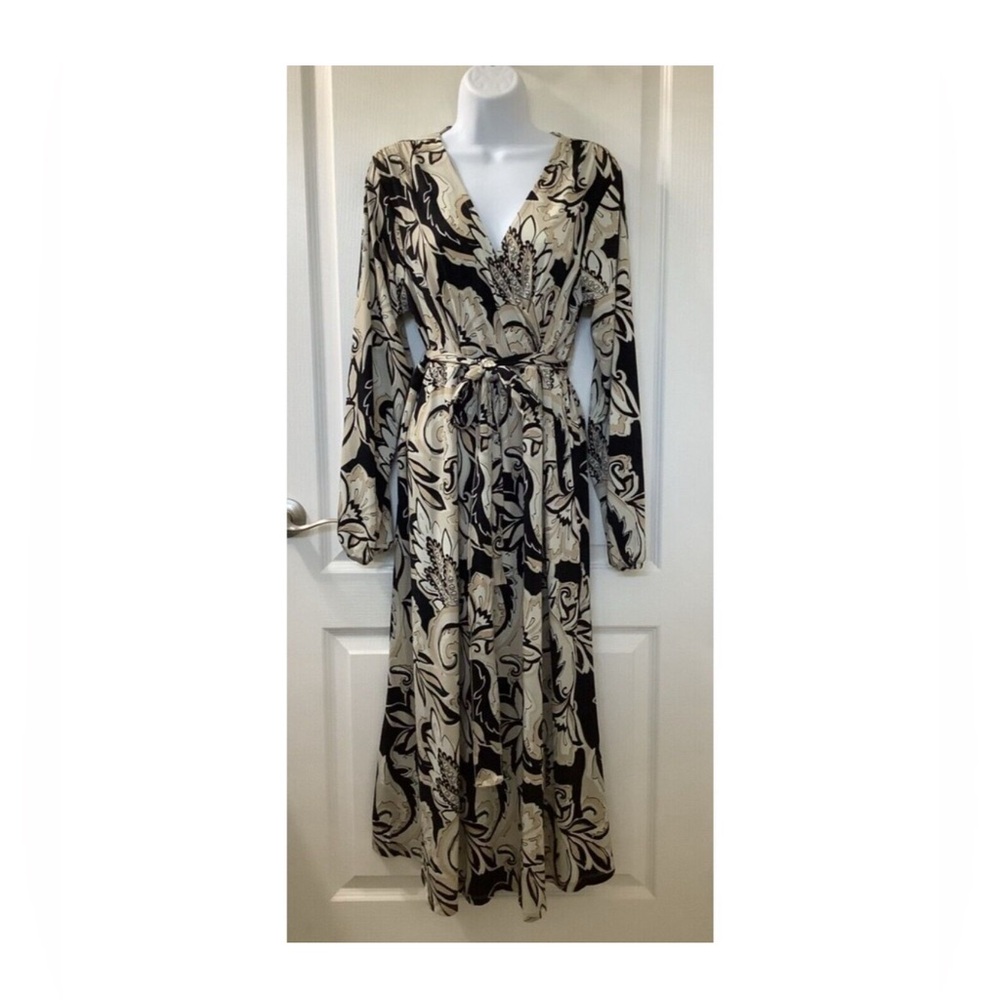 Ellos Dress 14/16 Midi Surplice Top Stretch Floral Black Tan Career